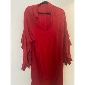 Women's Midi Dress Red Bell Sleeve Pullover Closure Mock Neck